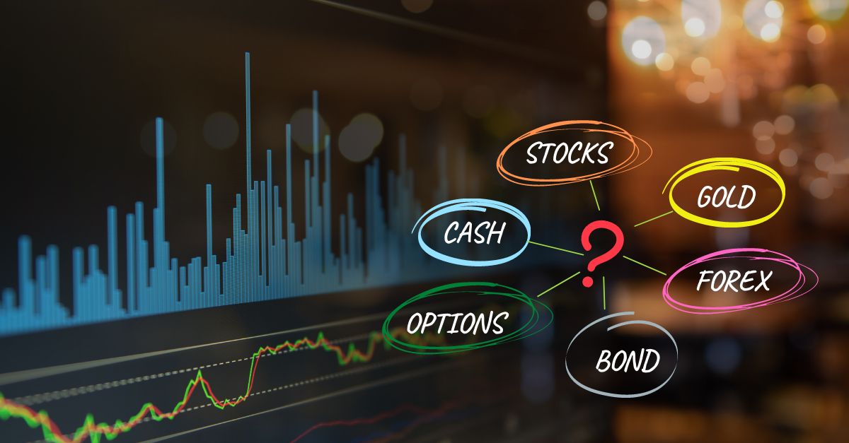 diferent investment options around a question mark, trading chart on the background
